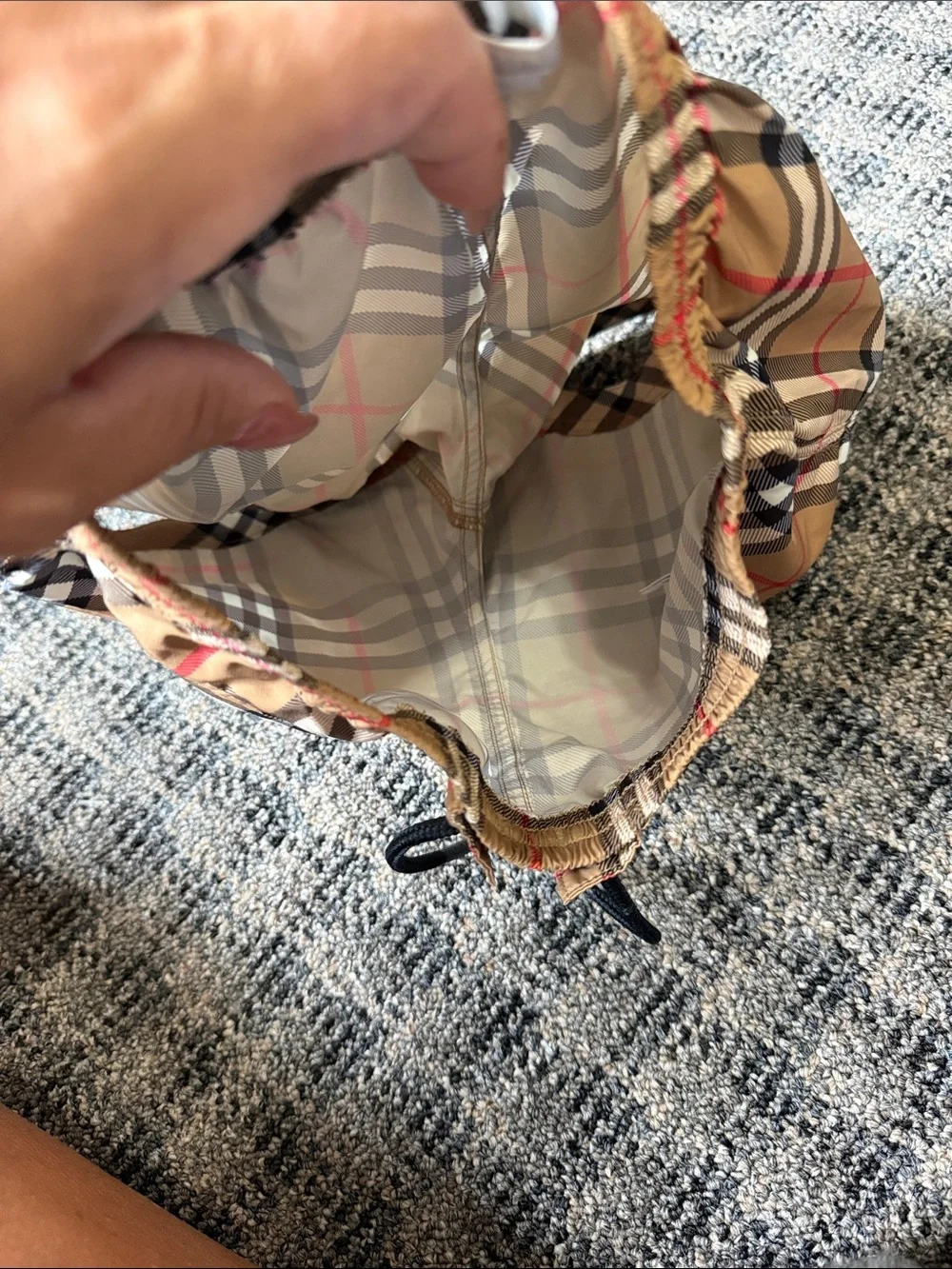 Burberry Tan Plaid Kids Swim Trunks with Black Drawstring